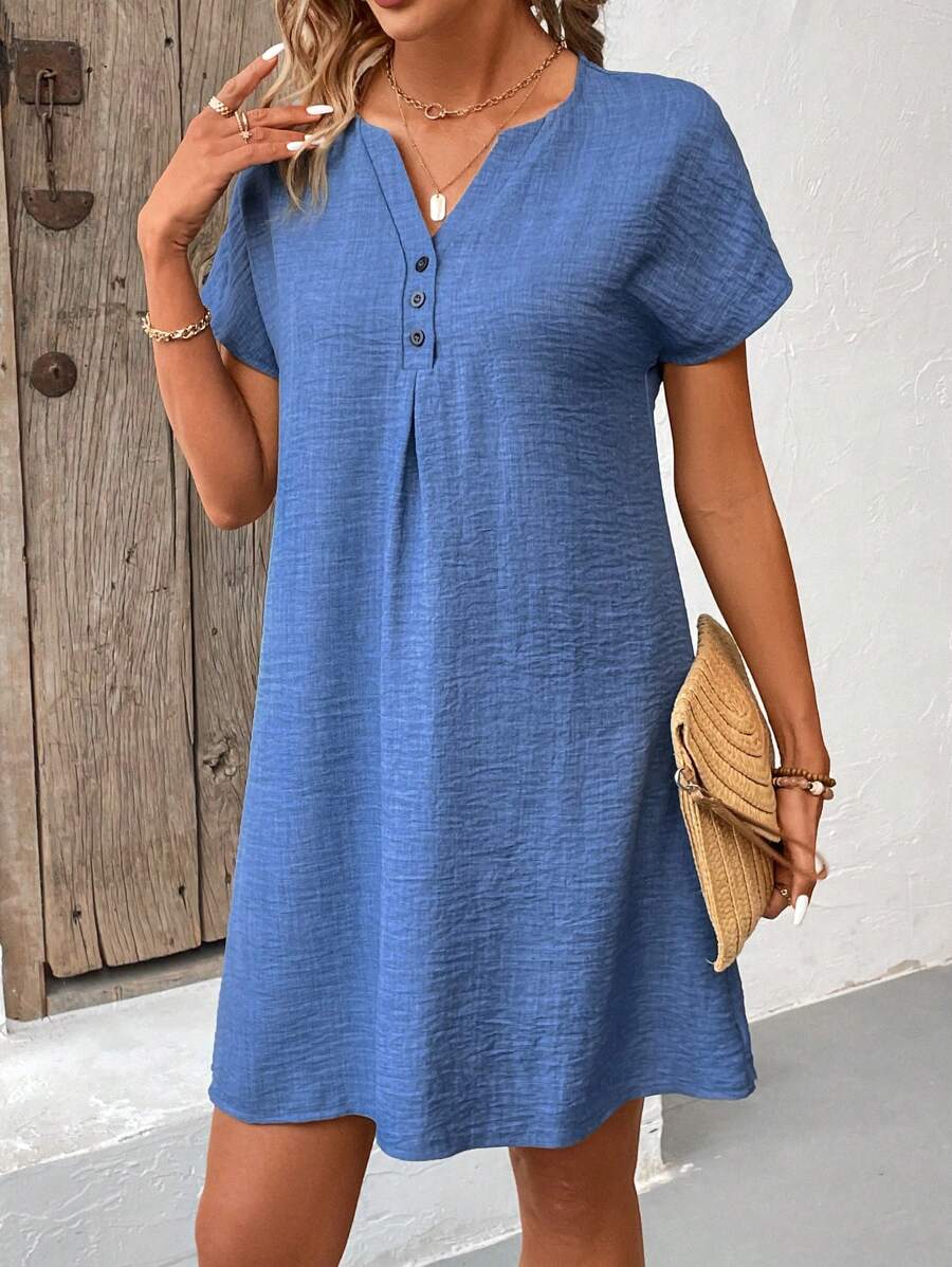 EMERY ROSE Solid Color Notched Collar Batwing Sleeve Dress - Blue - View 1