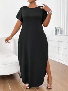 SHEIN EMERY ROSE CURVE Plus Size Women's Solid Color Round Neck Dress With Pockets Maxi Women Outfit - Black - View 7