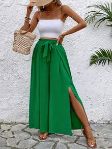 SHEIN LUNE 純色分襠寬腿夏季褲子 - 綠色 - 查看 3