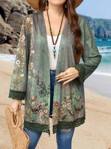 EMERY ROSE Chaqueta De Talla Grande Con Cordones, Estampado Floral Con Espalda Abierta