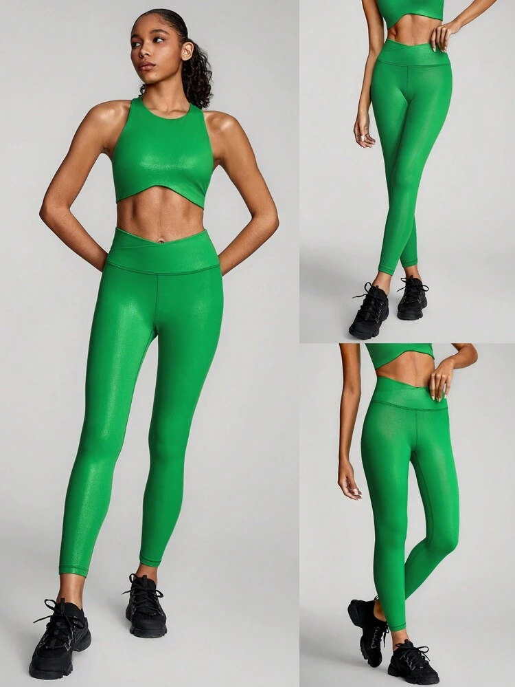 24" Foiled Leather Effect Shimmering Metallic Brushed Yoga Pilates Tights Gym Leggings With Crossover Waist