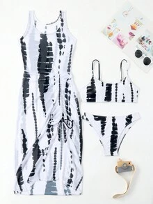 SHEIN Swim 女士扎染印花抽绳褶皱高开叉比基尼套装，比基尼套装泳装泳衣沙滩装夏季度假夏日海滩 - 白色 - 查看 4