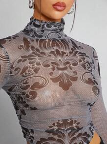SHEIN Unity Mesh-print Mit Stehkragen Und Durchscheinendem Top