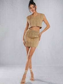 Hauture 粗针织 V 领毛衣背心和针织裙套装 - 棕色 - 查看 3