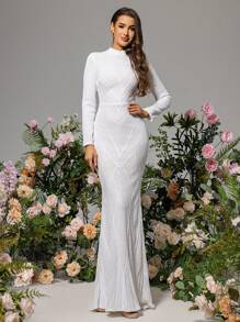 LOVE&LEMONADE Women's Stand Collar Long Sleeve Fish Scale Pattern Wedding Dress