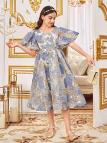 SHEIN Leap Crew Tween女孩a字領圓領裙,荷葉邊袖子,花織和鑲鑽裝飾 - 藍色 - 查看 6
