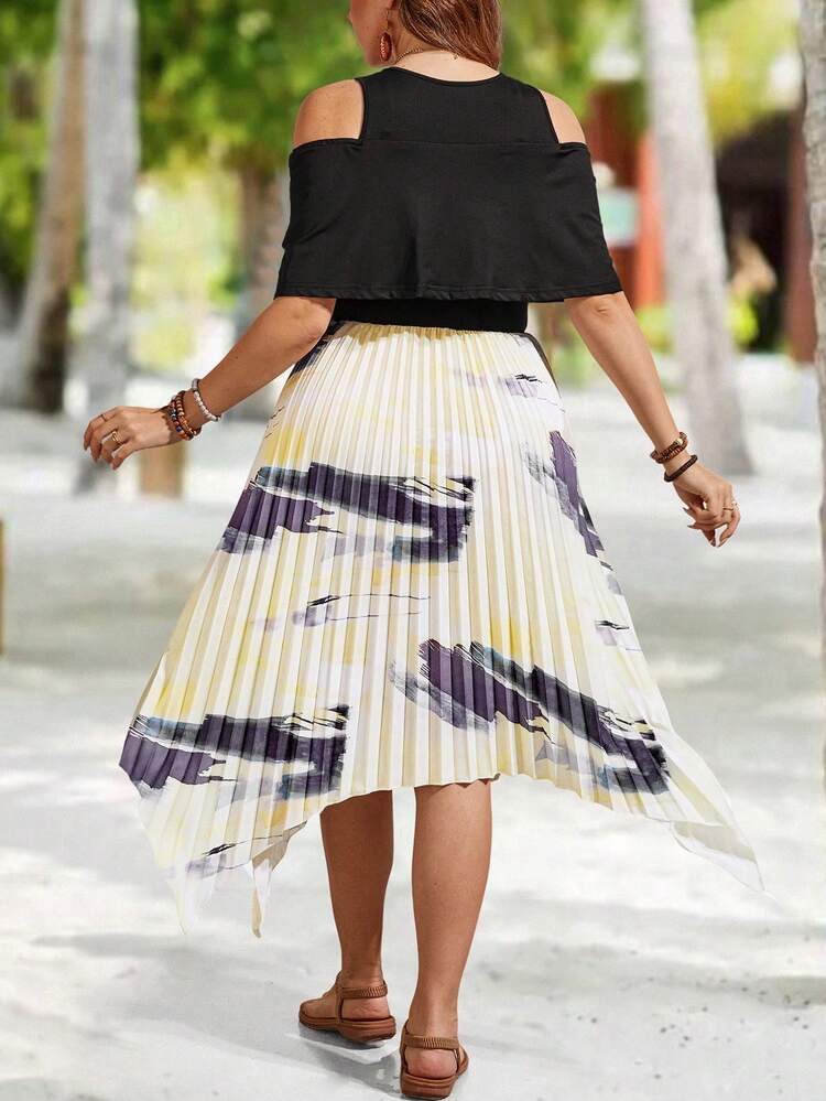Plus Size Women's Tie-Dye Asymmetric Pleated Hem Cold-Shoulder Dress