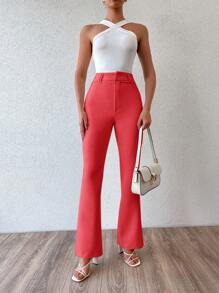 EURMUSE High Waist Flare Leg Pants - Red - View 3
