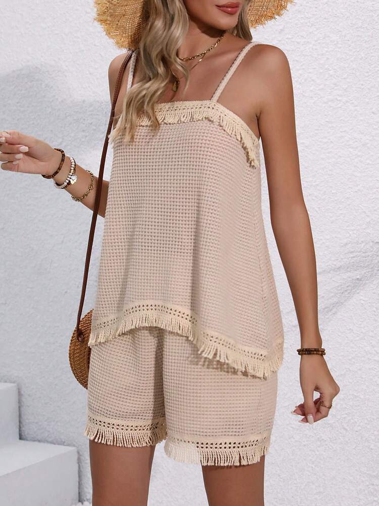 Women's Splice Fringe Halter Tank Top And Shorts Set