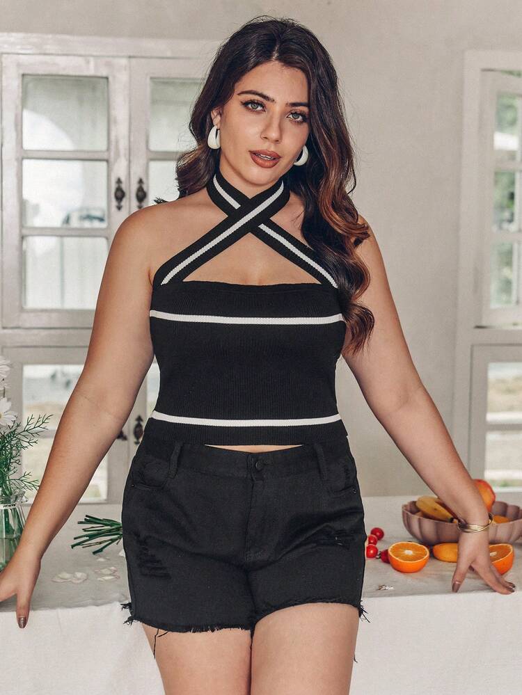 Plus Size Colorblock Hollow Out Halter Ribbed Knit Top
