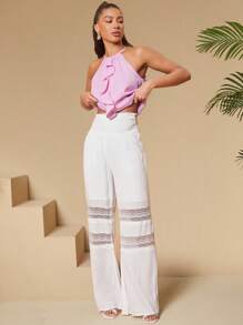 SHEIN Tall Ladies' Lace Spliced Flare Pants - White - View 4