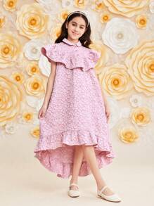 SHEIN Tween Girls' Loose Fit Lovely Jacquard Dress With Ruffled Collar And Hem - Pink - View 4