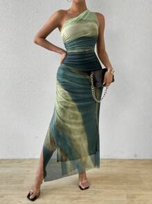Rafferiza Graduated Color High Slit Asymmetric Collar Ruched Tulle Dress Maxi Women Outfit - Green - View 6