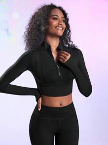 Lifespree 純色拉鍊半拉鍊設計修身運動衫 - 黑色 - 查看 6