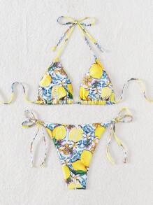 Swim Mod Summer Beach Ladies' Lemon Printed Halter Neck Tie Bikini Set - Multicolor - View 2