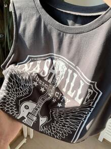 Comfortcana Women's Music Festival Guitar & Letter Print Crop Tank Top - Grey - View 6