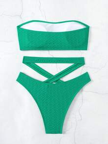 Bộ Bikini hai mảnh quây màu trơn dành cho nữ, vải đặc biệt đi biển mùa hè - màu xanh lá - Xem 2