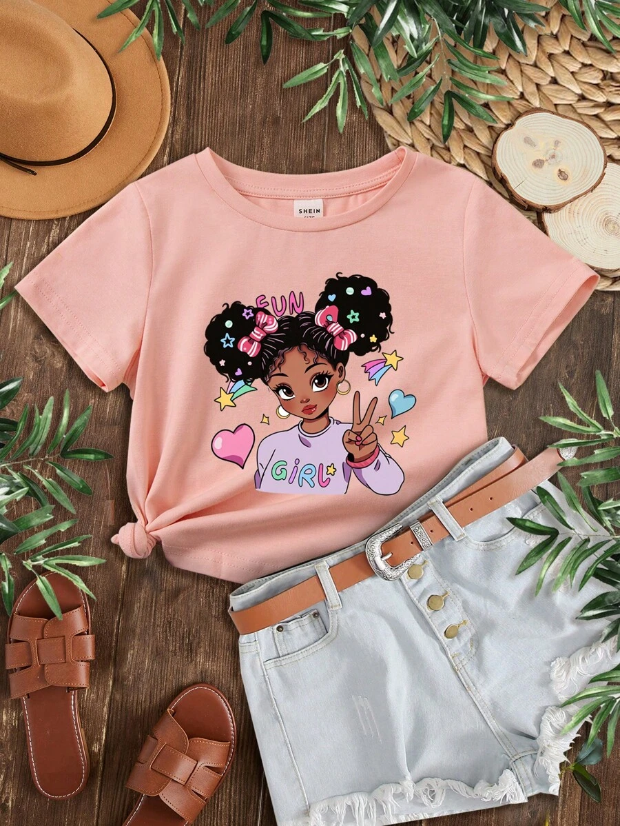 SHEIN Leap Crew Tween Girl Casual Minimalist Portrait Print Short Sleeve T-Shirt Suitable For Summer - Pink - View 1