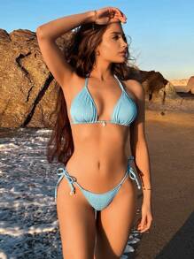 SHEIN Swim Bộ Bikini Cổ Dây Nữ Đi Biển Mùa Hè - Màu xanh lam - Xem 3