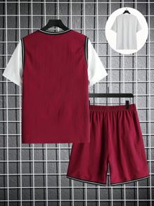 Conjunto De 3 Peças Para Esportes T-shirt Para Adolescentes Com Cor Sólida, Colete Com Impressão De Letras E Números E Shorts