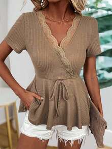 SHEIN LUNE Camiseta Texturizada Con Encaje Para Mujer - Marrón - Ver 5