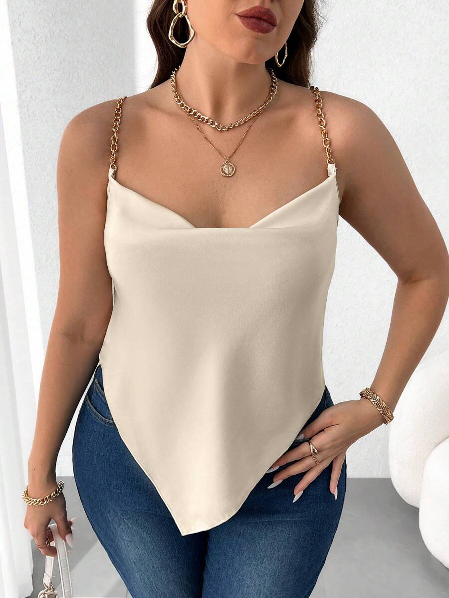 Celure Plus Size Draped Collar Chain Shoulder Strap Camisole Top - Apricot - View 1