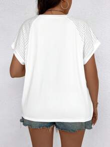 SHEIN LUNE Plus Size Contrast Mesh Design Round Neck Batwing Sleeve Summer T-Shirt - White - View 2