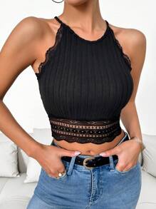 SHEIN Frenchy Của phụ nữ Màu thuần Ren Nối Áo hai dây - màu đen - Xem 1