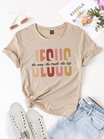 1 件女式时尚休闲短袖 T 恤，带口号印花耶稣之路真理生活图案 T 恤女式上衣
