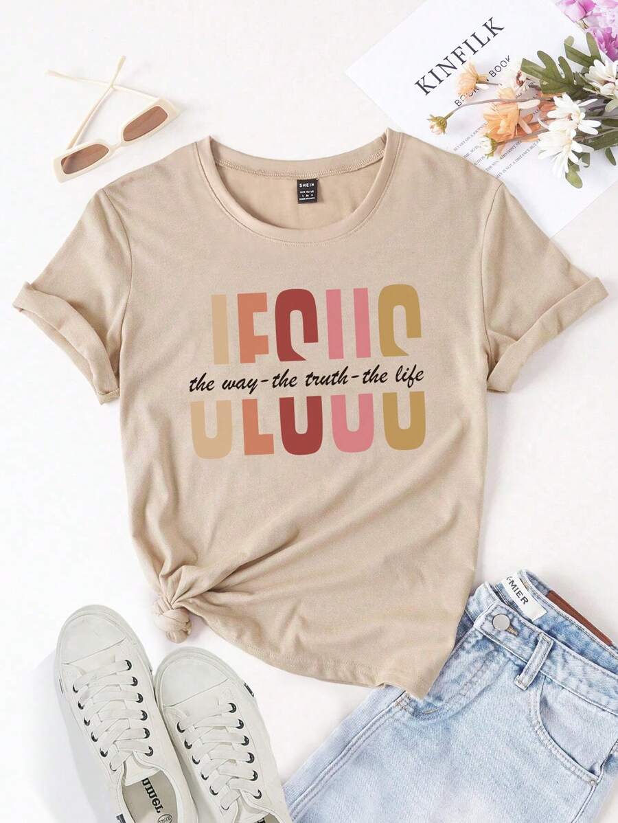 1 件女式时尚休闲短袖 T 恤，带口号印花耶稣之路真理生活图案 T 恤女式上衣 - 卡其色 - 查看 1