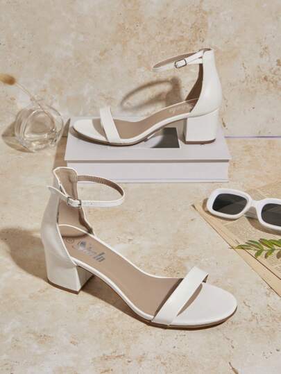 L'Amorae All-Time Bestseller Women's Ankle Strap Open Toe Low Block Heel Minimalist PU White Sandals – Comfortable & Essential Wedding Shoes For Christmas Valentine's Day