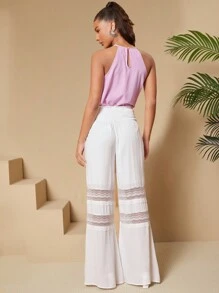 SHEIN Tall Ladies' Lace Spliced Flare Pants - White - View 2