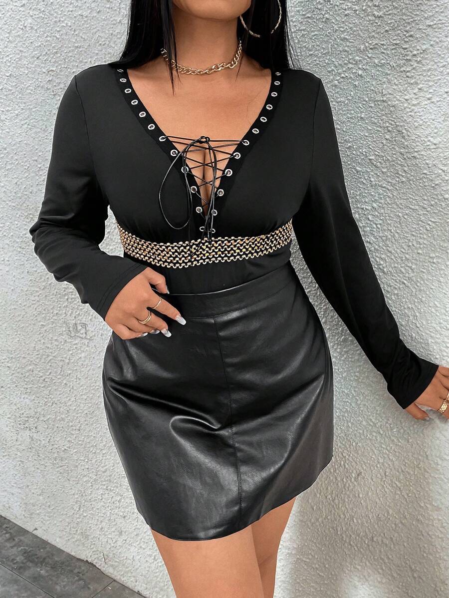 Flirla Plus Size Deep V-Neck Lace Up Floral Bodysuit Fall Cloth For Women - Black - View 1