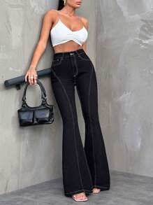 SHEIN Cottnline Elastic, Thread Detailed Flare Fit - Black - View 6