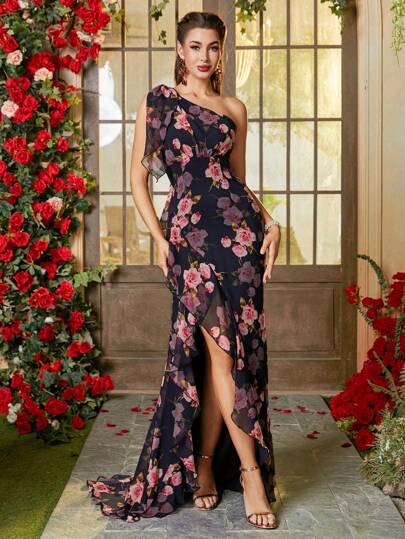 Double Crazy Women's Floral Print Asymmetric Neck Slit Elegant Dress, Suitable For Valentine's Day Party Dress Wedding Guest Dress Formal Dress Evening Dress,Gown