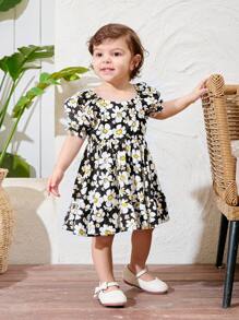 SHEIN Baby Girl Summer Holiday Casual Floral Print Ruffle Trim Bubble Sleeve Dress - Green - View 1
