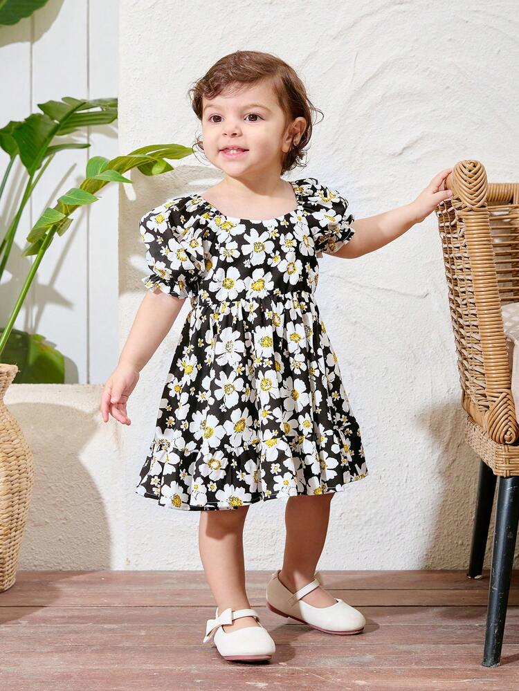 Baby Girl Summer Holiday Casual Floral Print Ruffle Trim Bubble Sleeve Dress