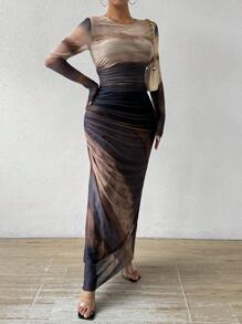 Rafferiza Tie-Dye Pleated Mesh Dress With Slim Fit Maxi Women Outfit Fall Cloth For Women - Light Grey - View 3