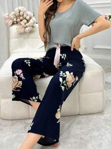 纯色圆领上衣和花朵印花裤睡衣套装，舒适优雅，适合秋季 - 彩色 - 查看 3