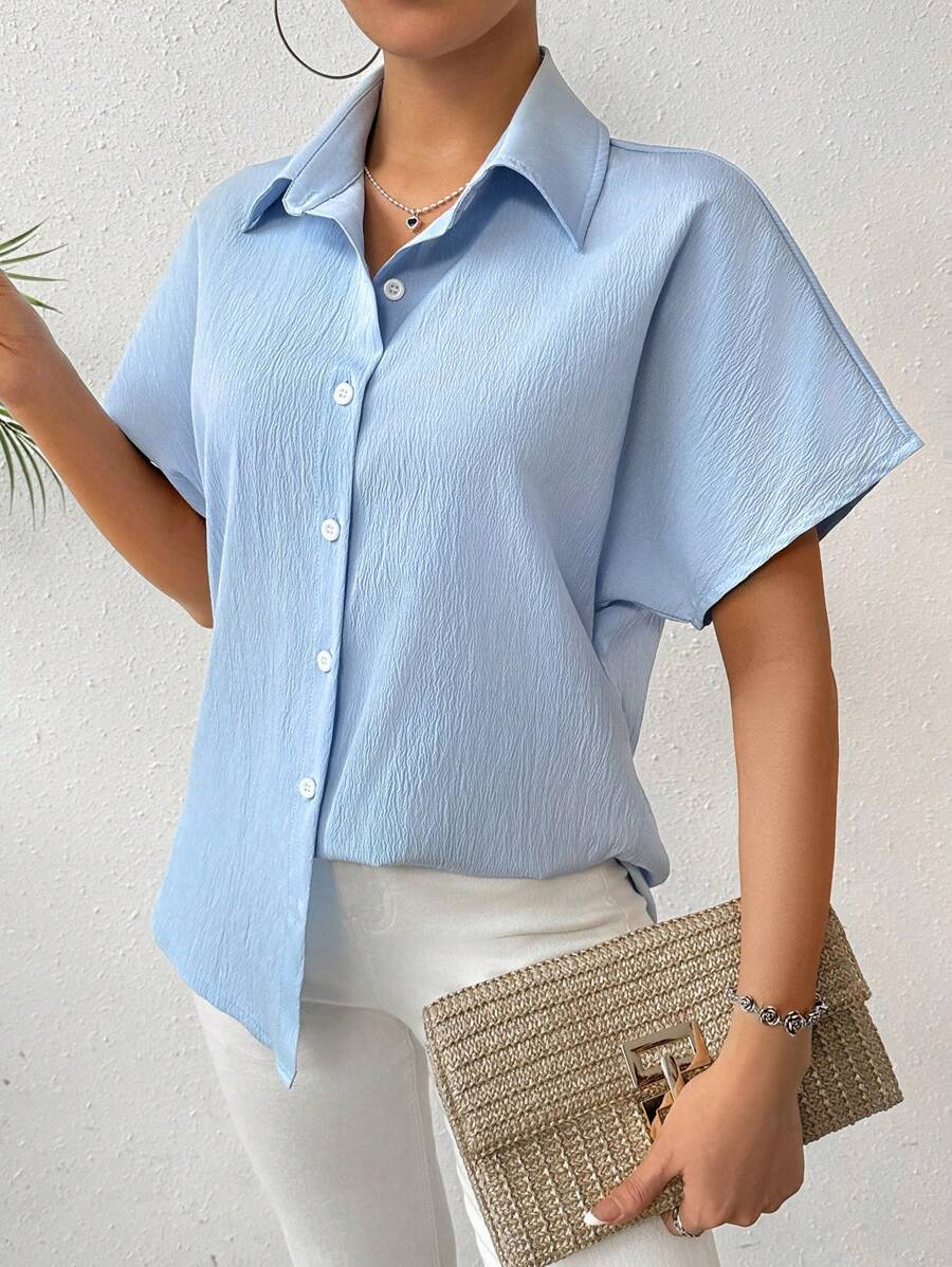 Chiquease Women's Solid Color Batwing Sleeve Shirt - Blue - View 1