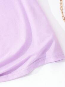 SHEIN Camiseta púrpura de cuello redondo para niña preadolescente con mangas abullonadas de flores 3D - Morado - Ver 6