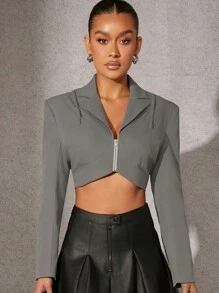 SHEIN Unity Cami Overlay Zip Up Crop Blazer - Grey - View 1