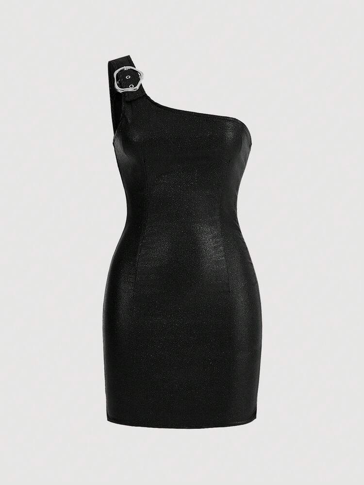 Plain Color Y2K Music Festival Elastic Sexy One Shoulder Women Mini Dress Black, For Summer, Party