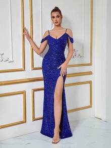 Off Shoulder Sequin Spaghetti Strap Slit Bodycon Party Dress - Blue - View 3