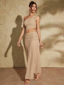 SHEIN BAE Asymmetrical Oblique Shoulder Pleated Vest Top & High Slit Pleated Elongated Skirt Women's 2-Piece Set - Apricot - View 4