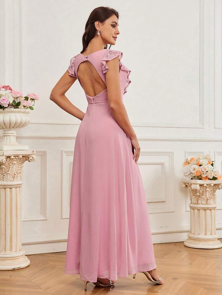 Elegant Woman Wedding Season Soft Lotus Pink Elegant Chiffon High Waist V-Neck Lace Decoration Ruffles Flying Backless A-Shaped Volume Umbrella Hem Easter Holiday Season Mother's Day Music Festival Back To School Season Graduation Season Prom Party Date Bridesmaid Dress