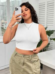 SHEIN EZwear 加大尺寸簡約基本純色無袖上衣,小立領設計 - 白色 - 查看 6