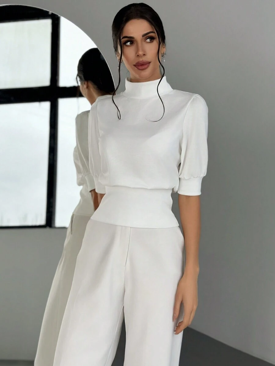 Firerie 女性白色t恤,腰部集褶和泡泡袖,出遊時優雅的穿搭 - 白色 - 查看 1