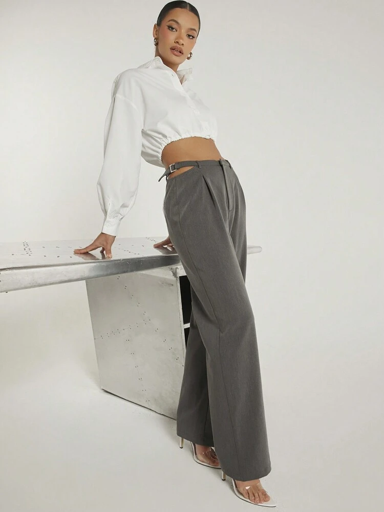 Buckle Cut Out Waist Wide Leg Pants