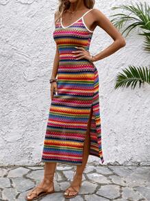 Breezaya Vestido Estilo Cami De Rayas Con Bloques De Color Y Abertura En El Muslo, Para Playa En Verano - Multicolor - Ver 5